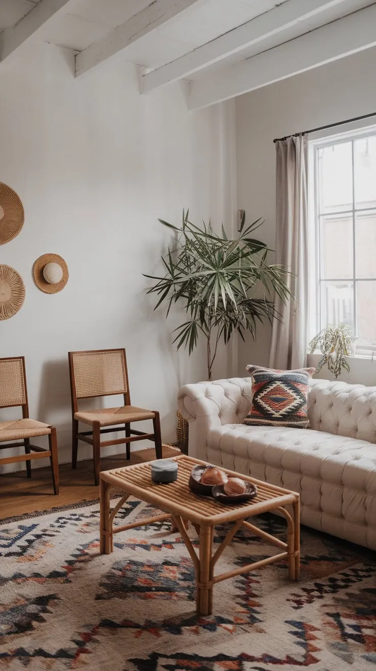 A small apartment blossoms with boho charm, showcasing a white-walled living space filled with woven textures and pops of plant life.