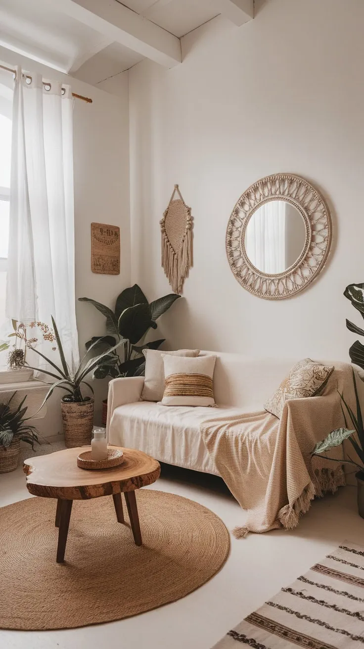 High ceilings and natural elements create a cozy boho haven in this small apartment living room.