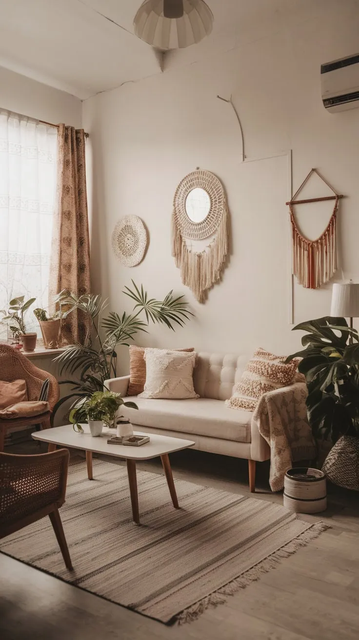 Simple furnishings and natural elements create a serene boho haven in this compact apartment living room.