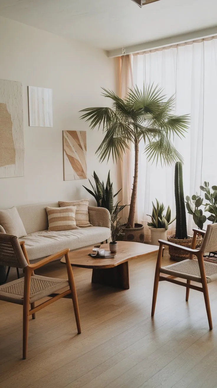 Light wood floors and a beige sofa anchor a cozy boho living room, accented with plants and artwork in a small house.