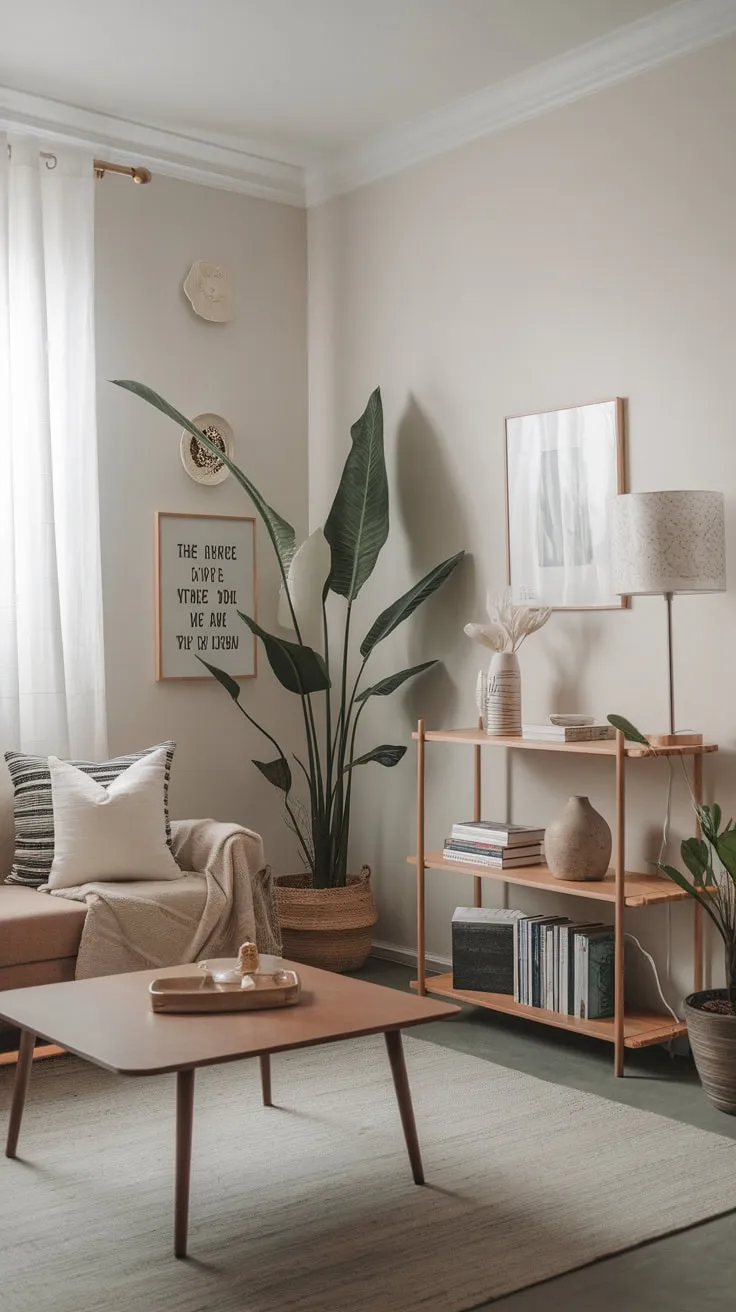A white-walled apartment showcases a stylish blend of boho charm and modern minimalist design.