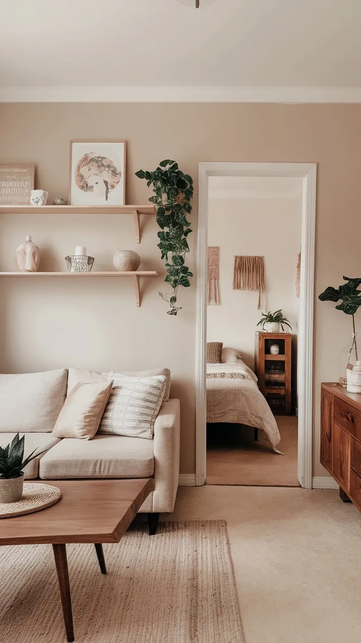 A cozy boho apartment blends living room comfort with studio simplicity, featuring earthy tones and natural elements.