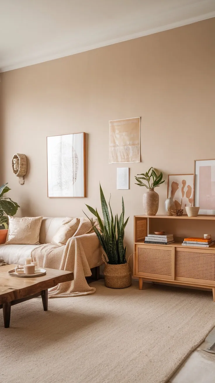 A beige-toned boho apartment blends minimalist design with earthy accents and pops of greenery.