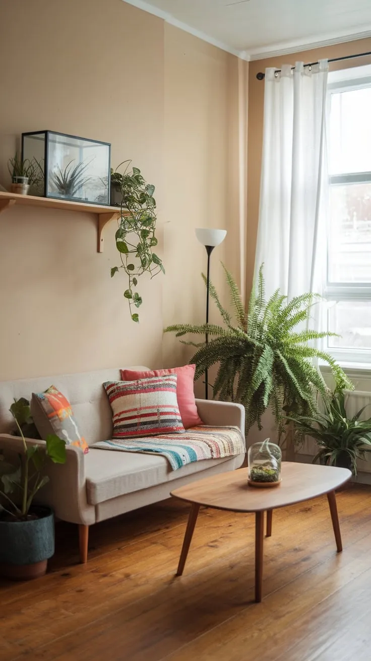 Soft beige walls and wooden floors create a calm boho haven in this minimalist small-house living room, accented with pops of color and lush greenery.