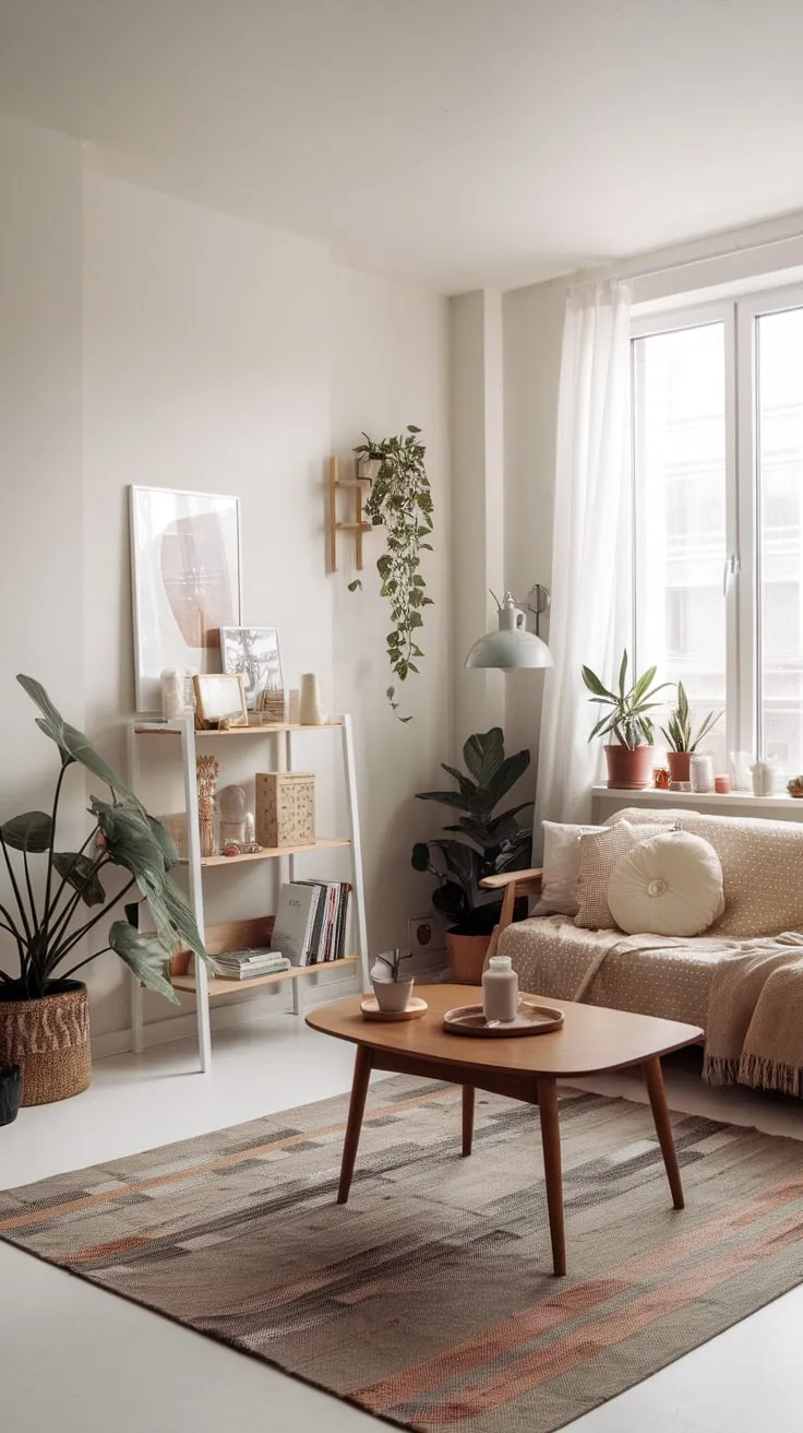 Sunlight streams into a minimalist boho living room, highlighting a curated collection of plants, textures, and simple furniture.