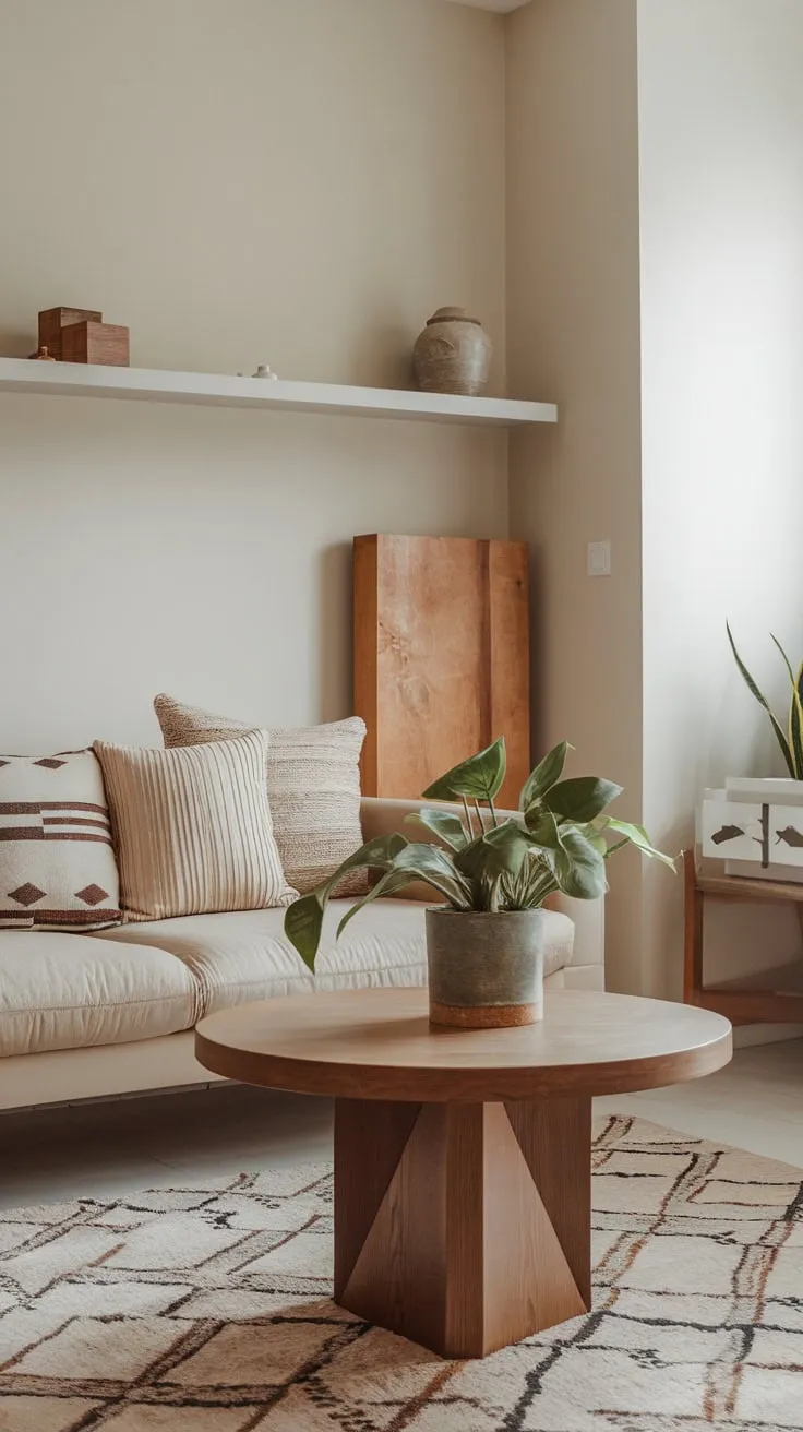 A minimalist boho apartment showcases a cozy living room with patterned textiles, natural wood accents, and pops of greenery.