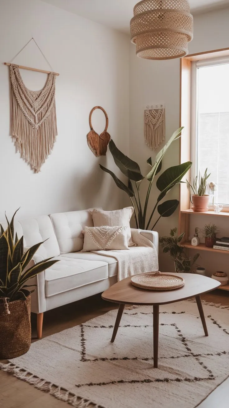 Minimalist white walls and a few carefully chosen boho accents transform a small living room into a peaceful sanctuary