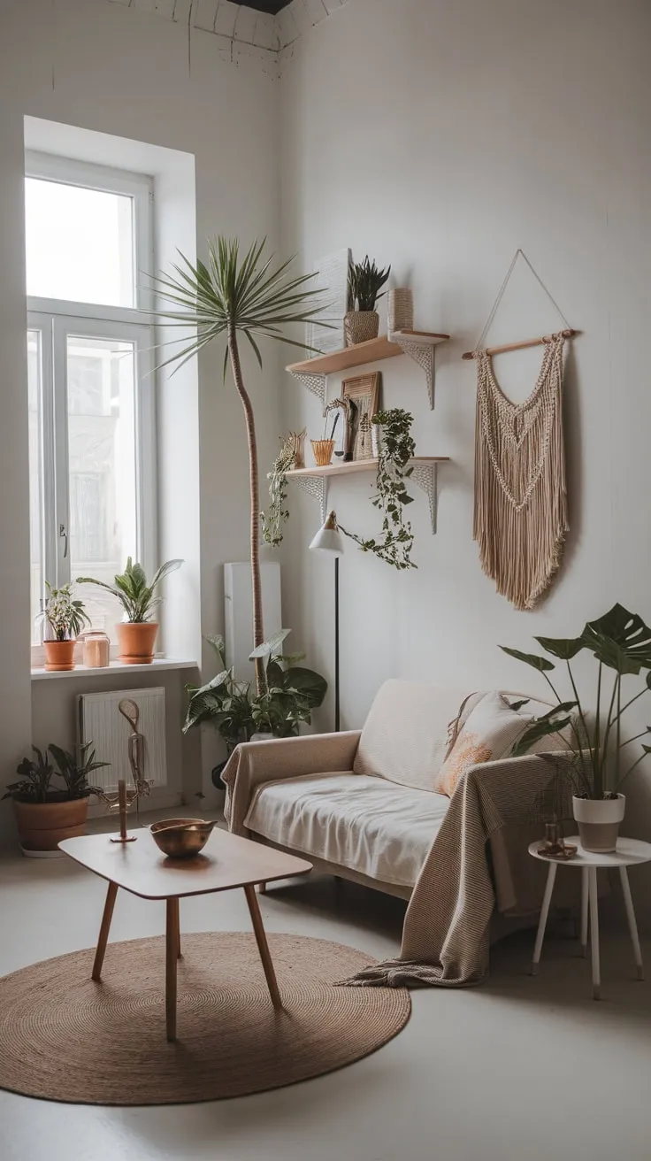 High ceilings and abundant greenery define this minimalist boho apartment's chic living room