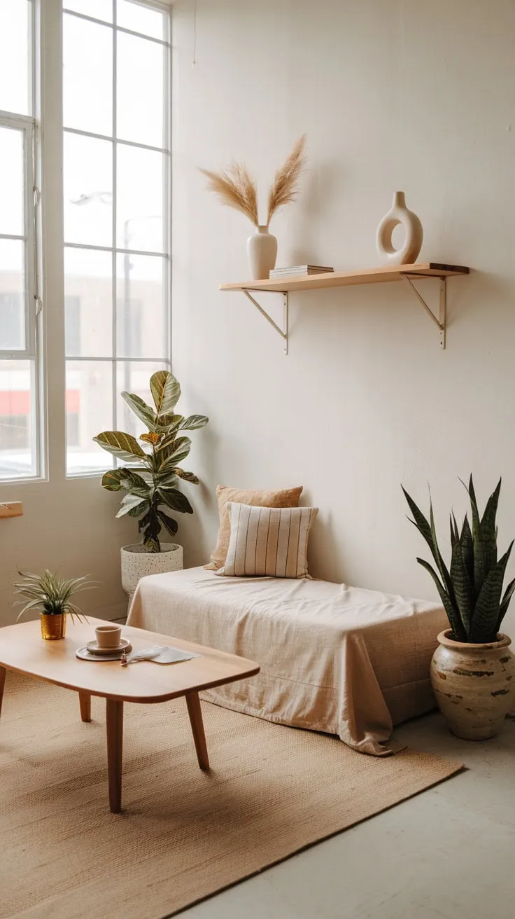 Sunlight streams into a cozy boho minimalist living room featuring a beige couch, wooden accents, and lush greenery.