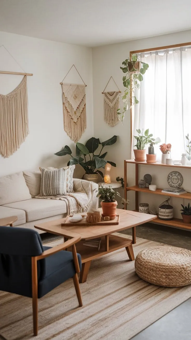 Woven textures and eclectic décor create a relaxed, inviting atmosphere in this small but stylish boho apartment.