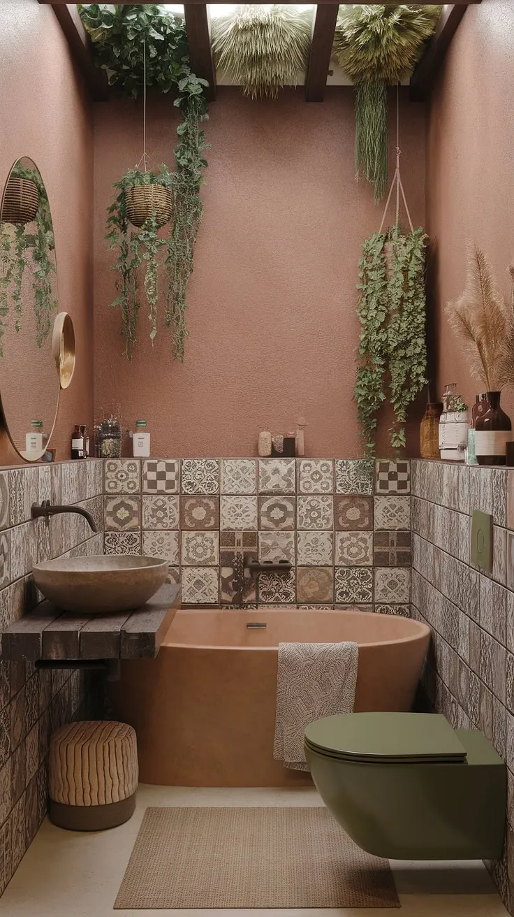 Indulge in the serene atmosphere of this bohemian bathroom.  The earthy bathroom palette, Moroccan-inspired accents, and natural bathroom decor combine to create an eclectic bathroom design that embodies a relaxed bathroom style. Find inspiration for your own boho bathroom ideas here.
