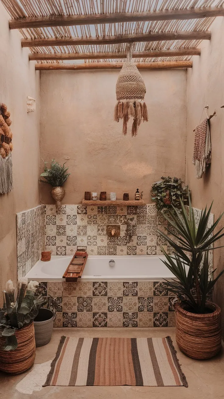 Escape to your own private sanctuary with this stunning boho bathroom.  The eclectic bathroom design blends Moroccan influences with natural bathroom decor, resulting in a relaxed bathroom style that's both inviting and uniquely bohemian.  Find inspiration for your own boho bathroom ideas here.