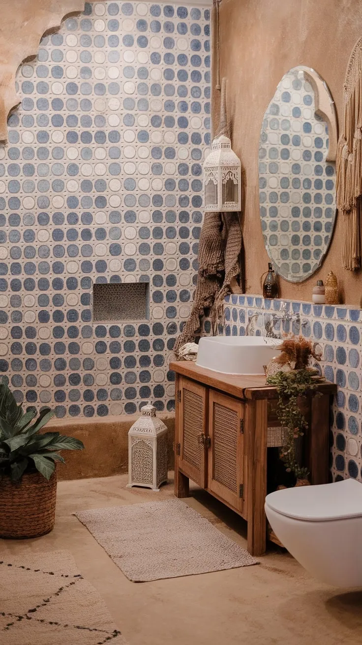 Escape to your own private oasis with this boho bathroom, blending earthy tones and Moroccan influences for a truly relaxed bathroom style.  Natural bathroom decor and eclectic bathroom design elements create a space that's both inviting and uniquely you.  Find more boho bathroom ideas to inspire your own sanctuary.