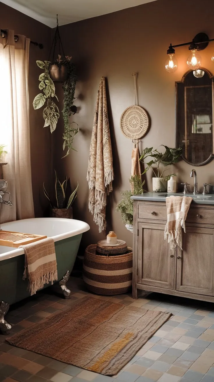 Indulge in the relaxed bathroom style of this bohemian bathroom.  The eclectic bathroom design blends earthy bathroom elements like natural bathroom decor and Moroccan bathroom tiles with a vintage vanity and clawfoot tub.  Find inspiration for your own boho bathroom ideas in this tranquil space.