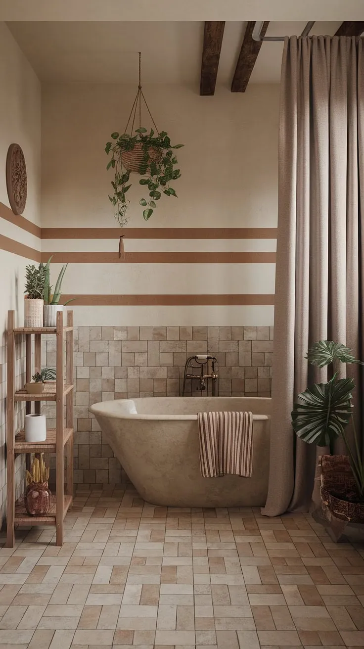 Escape to your own private oasis with this boho bathroom, blending earthy tones and Moroccan influences for a truly relaxed bathroom style.  Natural bathroom decor and eclectic bathroom design elements create a space that's both inviting and uniquely you.  Find more boho bathroom ideas to inspire your own sanctuary.