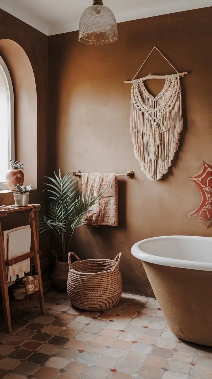 Escape to your own private oasis with this boho bathroom, blending earthy tones and Moroccan influences for a truly relaxed bathroom style.  Natural bathroom decor and eclectic bathroom design elements create a space that's both inviting and uniquely you.  Find more boho bathroom ideas to inspire your own sanctuary.