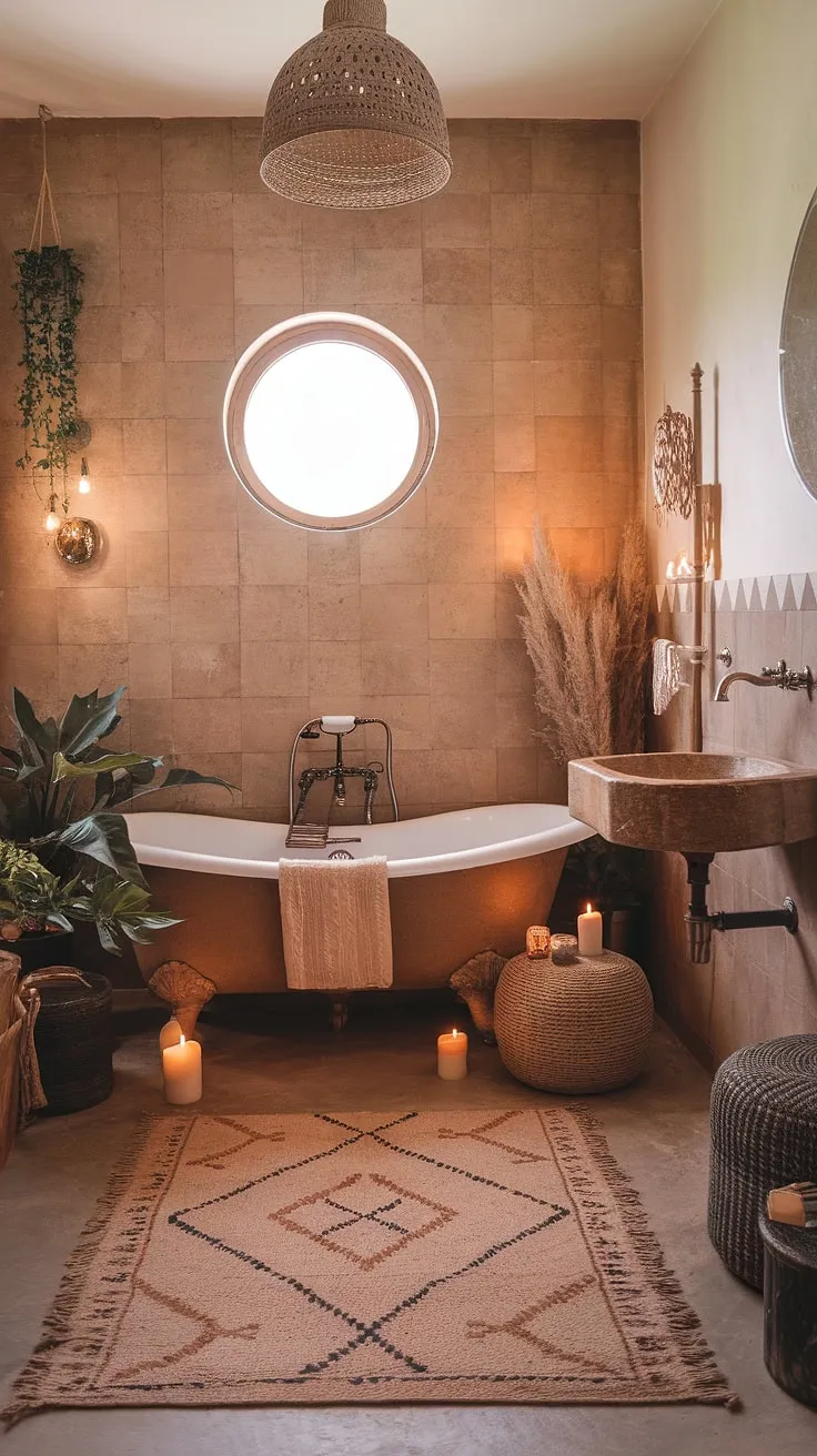 Escape to your own private oasis with this boho bathroom. Earthy tones and natural bathroom decor create a relaxed bathroom style, blending Moroccan influences with eclectic bathroom design for a truly bohemian bathroom.  Find inspiration for your own dream space with these boho bathroom ideas.