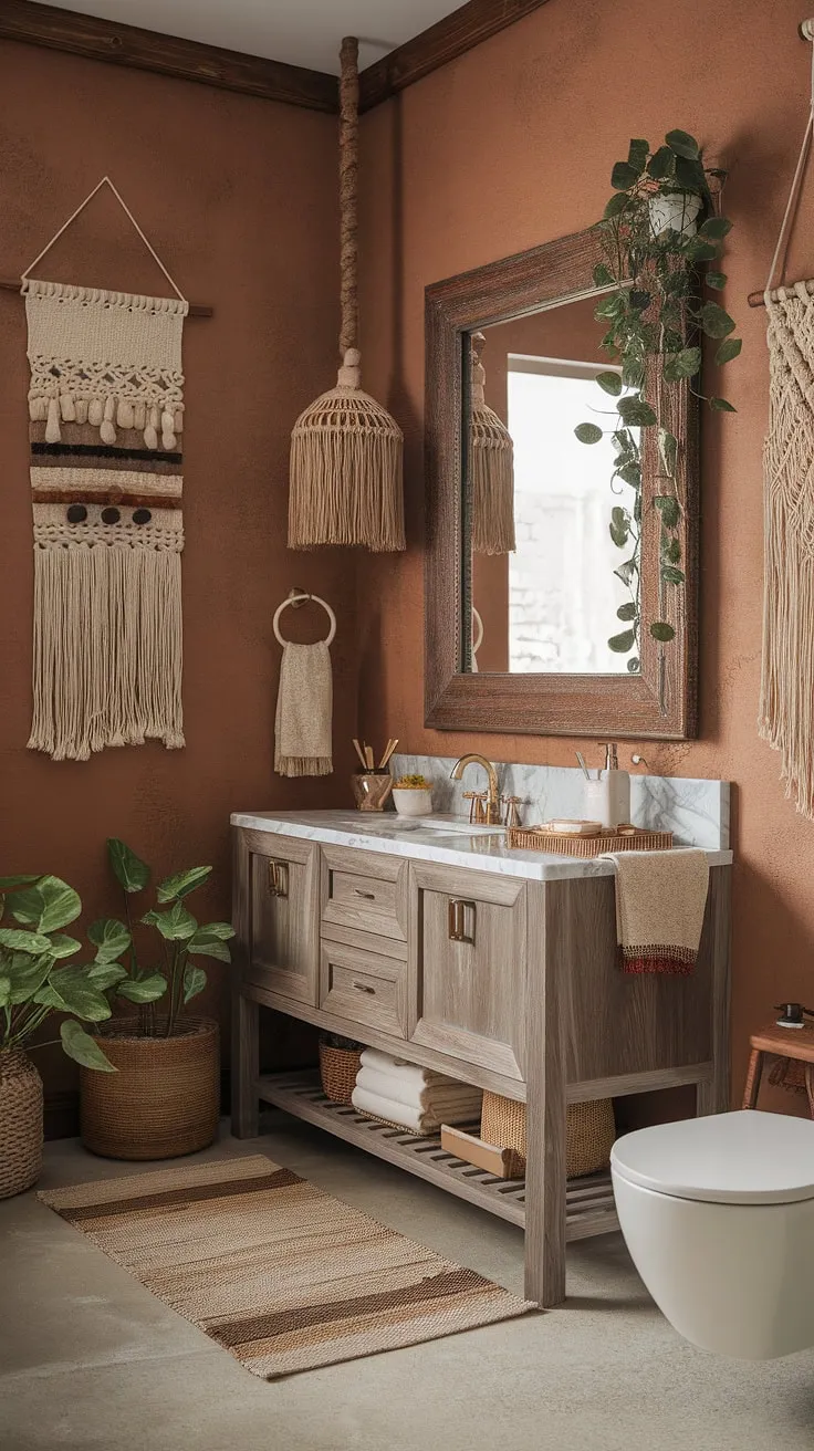 Transform your bathroom into a bohemian haven with this earthy bathroom design.  The relaxed bathroom style effortlessly combines Moroccan bathroom aesthetics with natural bathroom decor, offering a wealth of boho bathroom ideas for an eclectic bathroom design that's both stylish and serene.