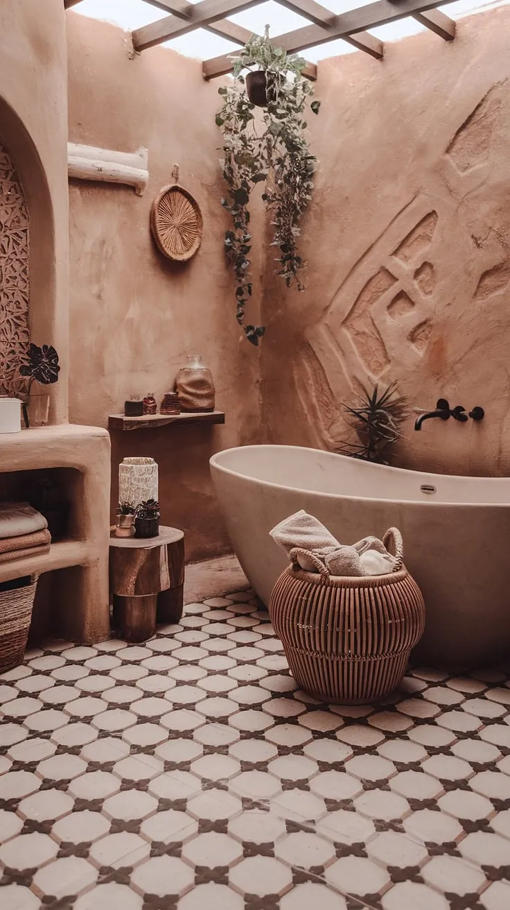 Escape to your own private oasis with this boho bathroom, blending earthy tones and Moroccan influences for a truly relaxed bathroom style.  Natural bathroom decor and eclectic bathroom design elements create a bohemian bathroom haven you'll never want to leave.  Find more boho bathroom ideas to inspire your own tranquil retreat.