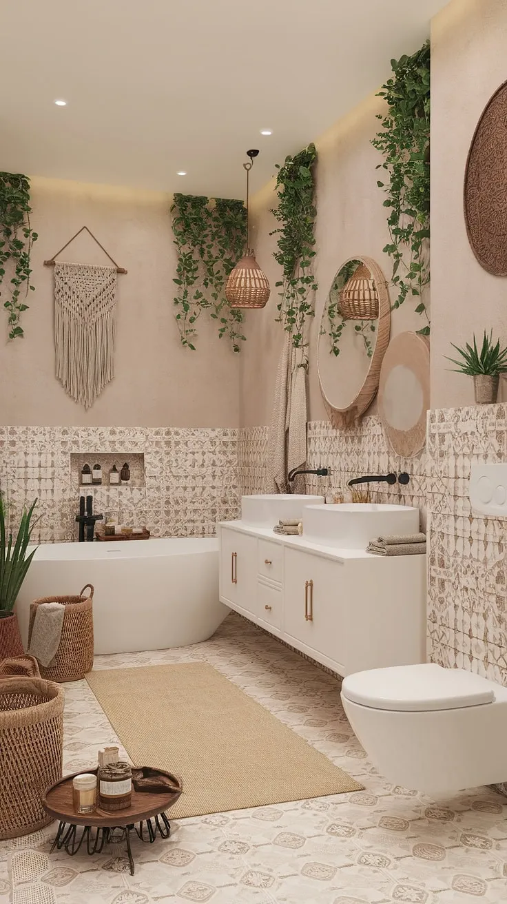 Transform your bathroom into a sanctuary of calm with this eclectic bathroom design.  Bohemian and Moroccan details combine effortlessly to create a relaxed bathroom style, showcasing the beauty of natural bathroom decor.  Find inspiration for your own boho bathroom with these boho bathroom ideas.