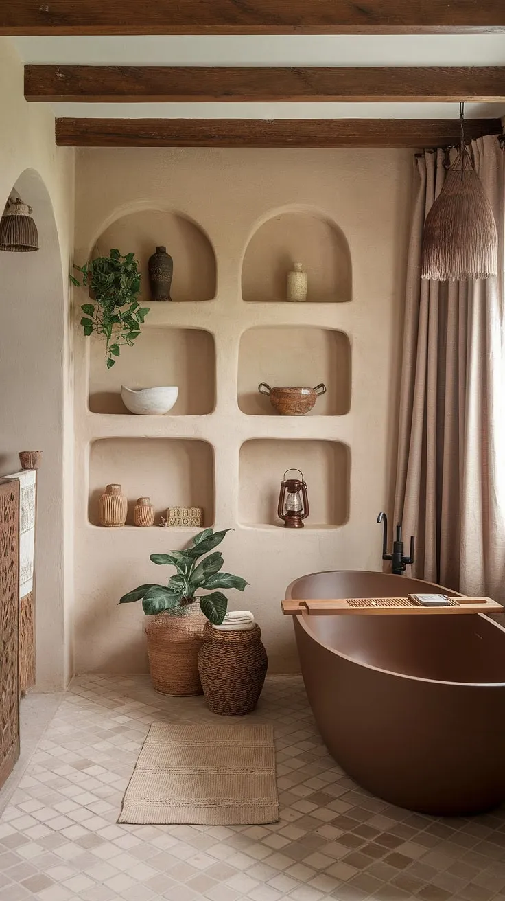 Indulge in the serene atmosphere of this eclectic bathroom design.  Boho bathroom ideas meet Moroccan bathroom inspiration in this earthy bathroom, showcasing natural bathroom decor and a relaxed bathroom style that's perfectly bohemian.