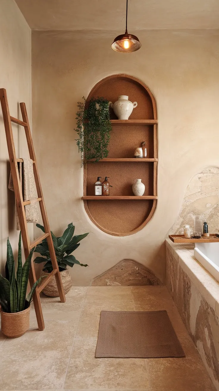 Find your inner peace in this bohemian bathroom.  The boho bathroom's earthy palette and natural elements combine for a truly unique and inviting space. This eclectic bathroom design, incorporating Moroccan bathroom influences, showcases the beauty of a relaxed bathroom style and offers plenty of boho bathroom ideas.