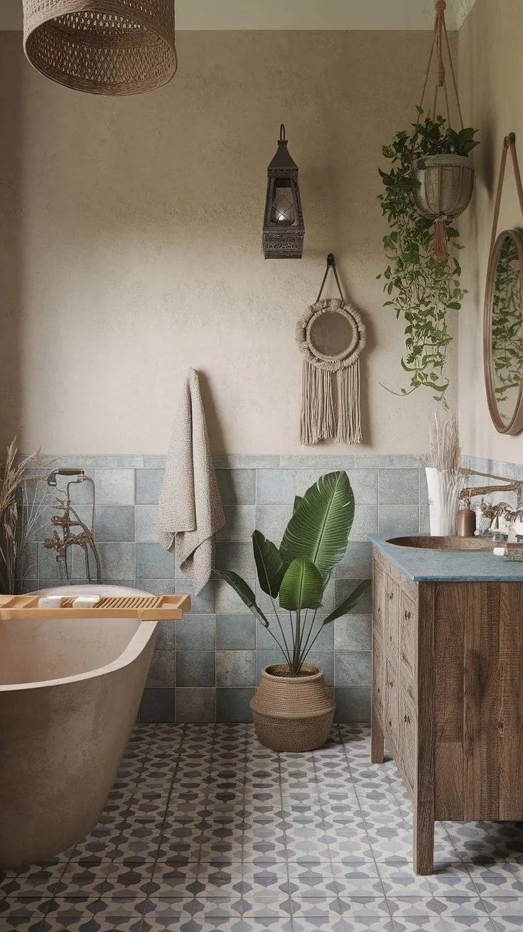 Transform your bathroom into a sanctuary of calm with this eclectic bathroom design.  Bohemian and Moroccan details combine effortlessly to create a relaxed bathroom style, showcasing the beauty of natural bathroom decor. Find inspiration for your own boho bathroom with these boho bathroom ideas for an earthy bathroom retreat.