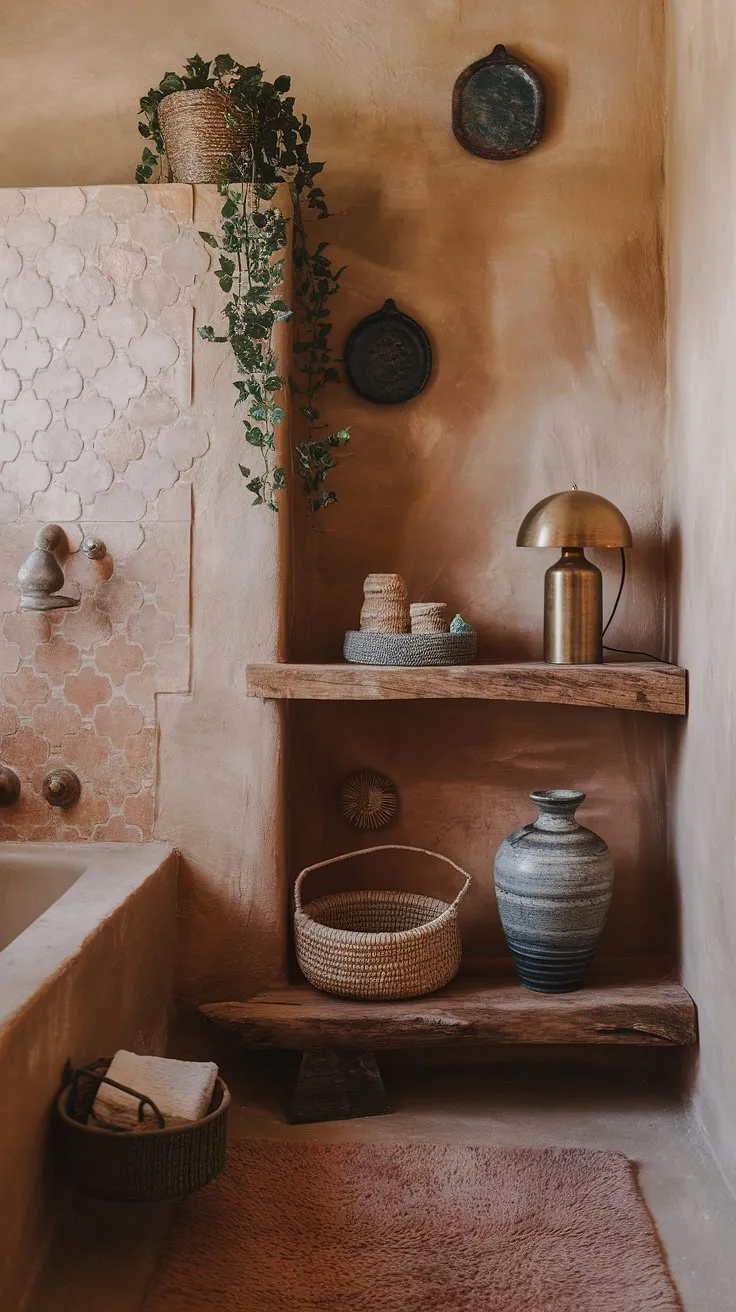 Escape to your own private oasis with this boho bathroom. Earthy tones and natural bathroom decor create a relaxed bathroom style, blending Moroccan influences with eclectic bathroom design for a truly bohemian bathroom.  Find inspiration for your own dream space with these boho bathroom ideas.