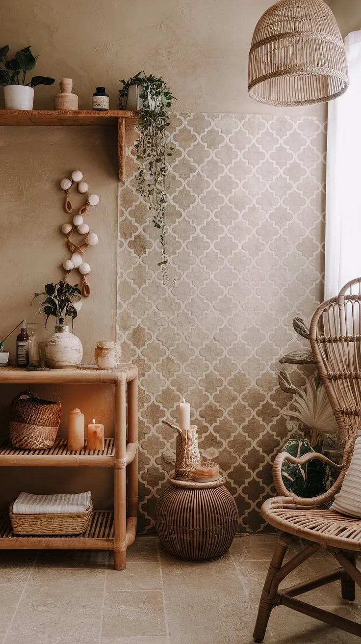 Transform your bathroom into a sanctuary of calm with this bohemian bathroom design.  The earthy bathroom palette and Moroccan-inspired details create a naturally relaxed bathroom style, perfect for unwinding. Explore these boho bathroom ideas to achieve your own eclectic bathroom design and create a space that reflects your unique personality.