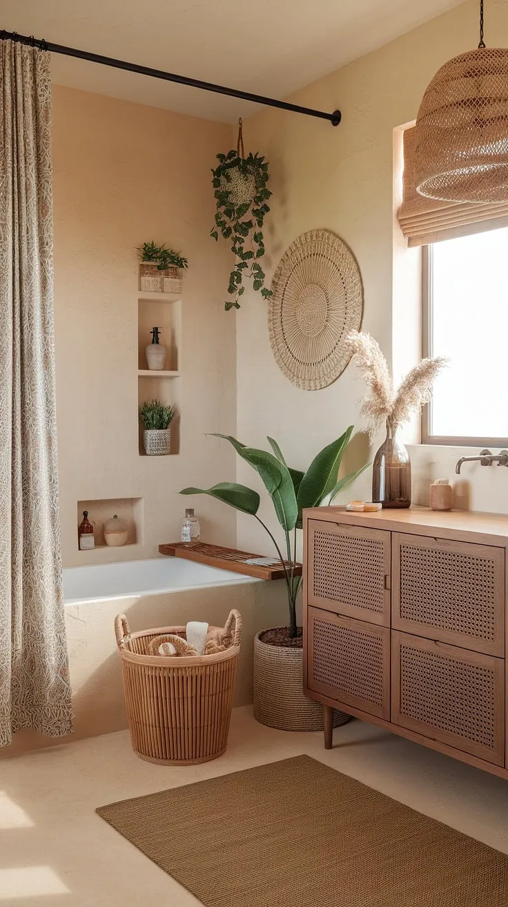 Find your zen in this bohemian bathroom.  The earthy bathroom palette, wooden vanity, and carefully curated natural bathroom decor combine to create a serene and inviting atmosphere. This eclectic bathroom design offers a wealth of boho bathroom ideas, showcasing a relaxed bathroom style with subtle Moroccan bathroom touches.