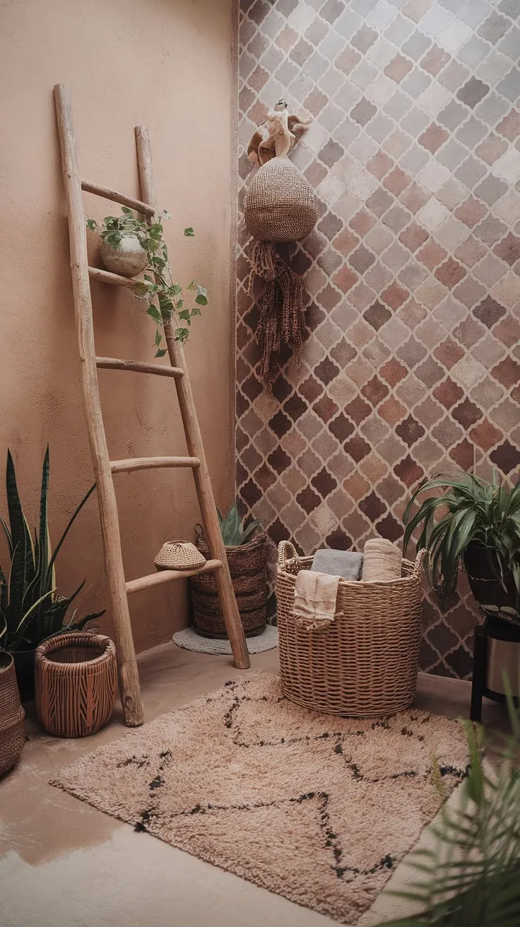 Escape to this serene boho bathroom, where earthy tones and Moroccan-inspired tile create a haven of relaxed bathroom style.  Boho bathroom ideas abound in this eclectic bathroom design, from the natural bathroom decor to the charming wicker basket and plant-filled ladder.