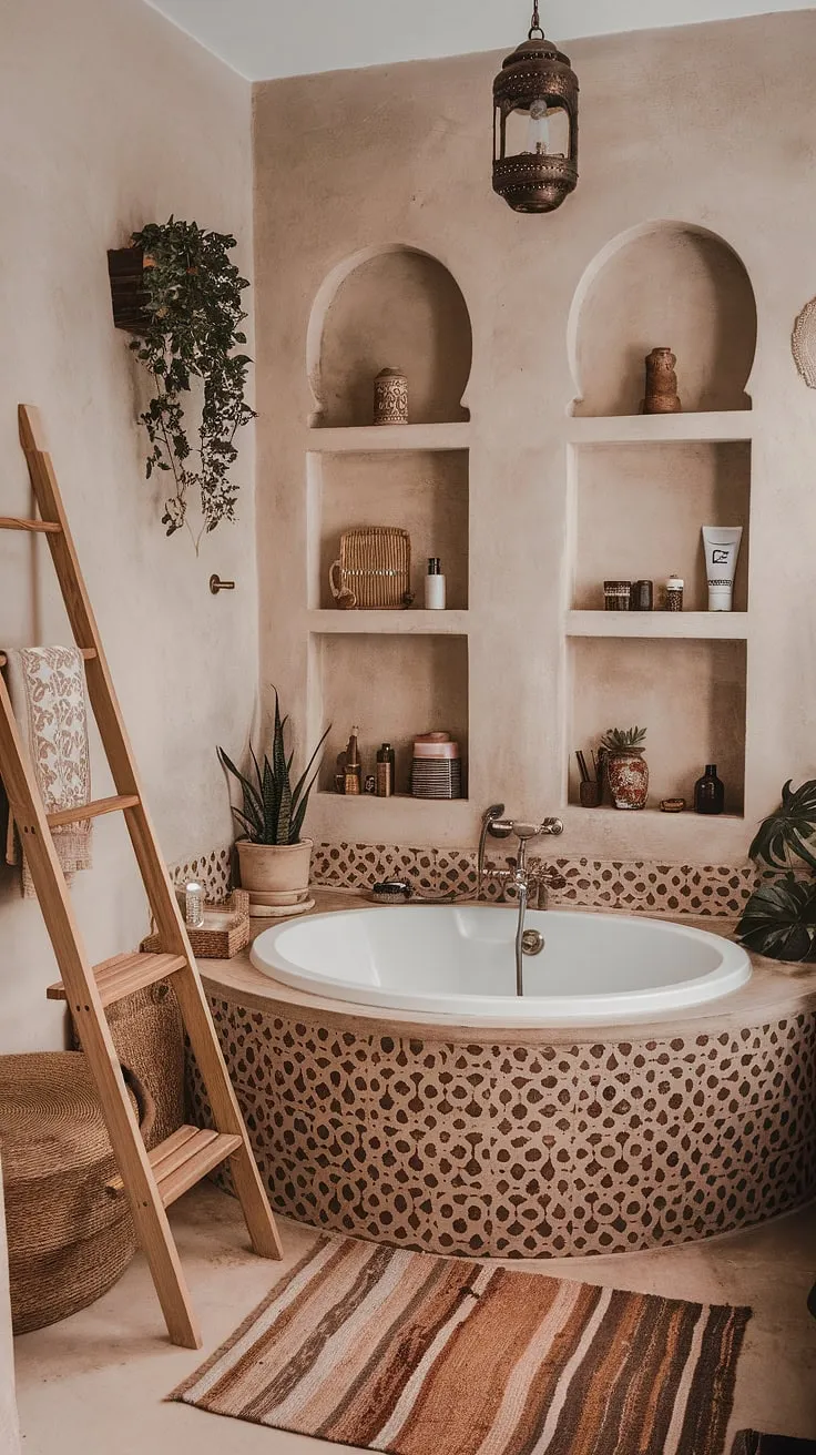 Indulge in the ultimate relaxed bathroom style with this bohemian bathroom oasis.  The Moroccan influences, natural bathroom decor, and eclectic bathroom design combine to create a stunning earthy bathroom.  Find inspiration for your own boho bathroom with these boho bathroom ideas, showcasing a perfect blend of textures and materials.