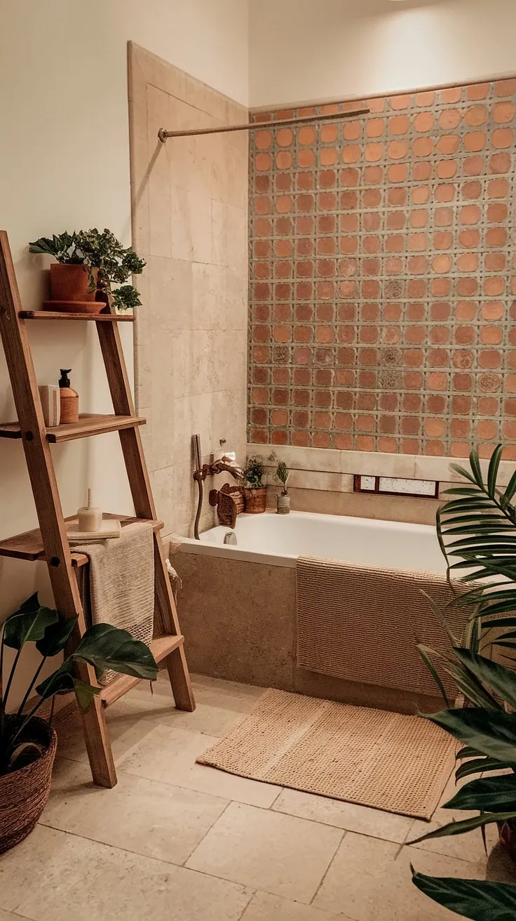 This bohemian bathroom is the epitome of relaxed luxury.  The earthy bathroom palette, Moroccan-inspired details, and eclectic bathroom design combine to create a stunning natural bathroom decor scheme. Explore these boho bathroom ideas for your own tranquil retreat.
