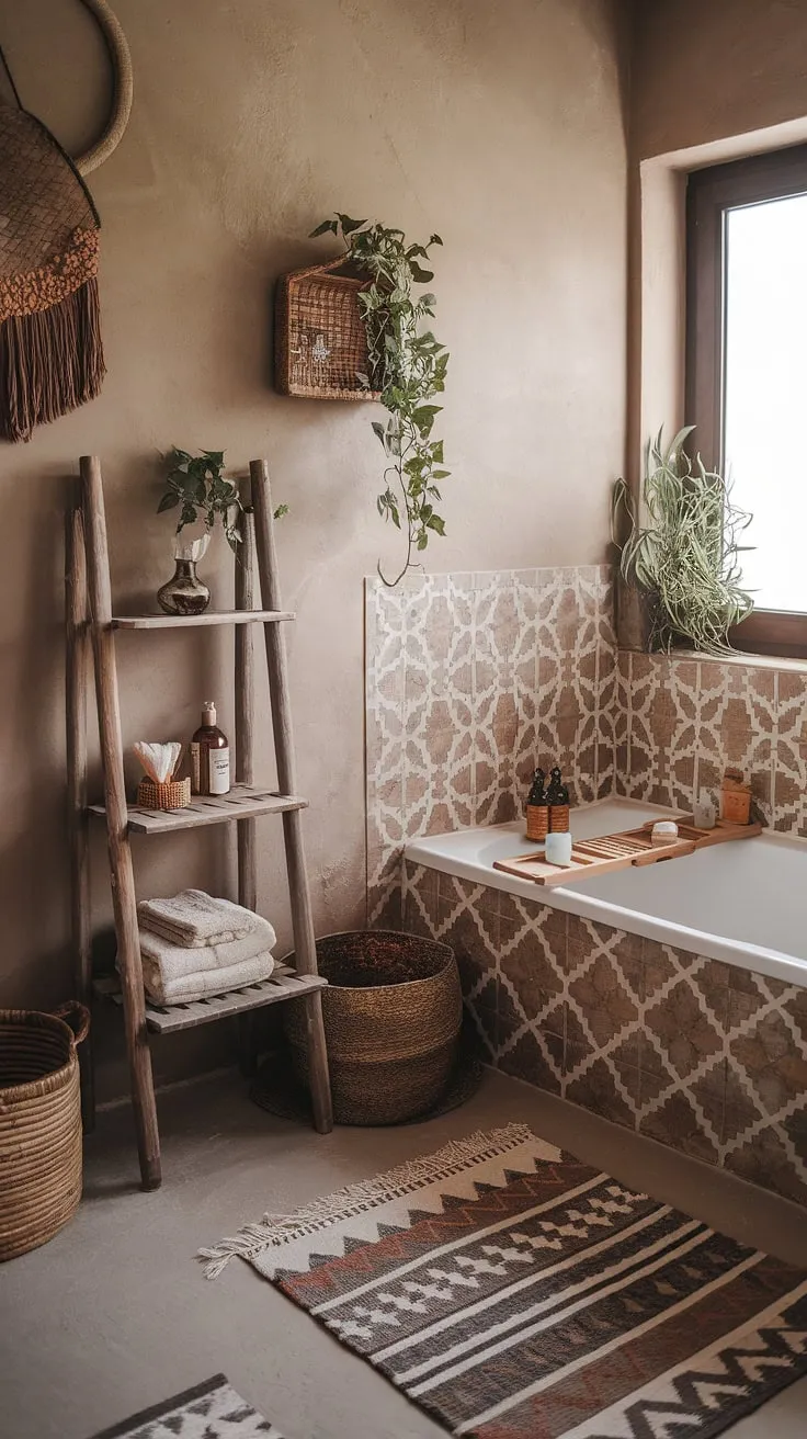 Indulge in the serene atmosphere of this earthy bathroom.  The Moroccan bathroom tile, rustic wooden shelf, and woven basket combine to create a natural bathroom decor that embodies a relaxed bathroom style.  Find inspiration for your own eclectic bathroom design with these boho bathroom ideas.