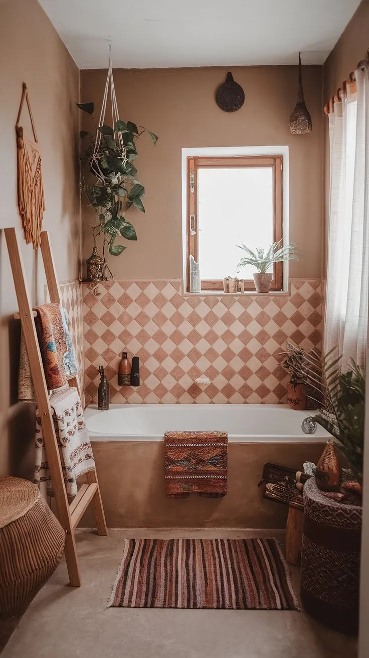 Indulge in the eclectic bathroom design of this bohemian bathroom.  The Moroccan bathroom tile, natural bathroom decor, and relaxed bathroom style combine to create the perfect earthy bathroom retreat.  Find inspiration for your own boho bathroom with these stunning boho bathroom ideas.
