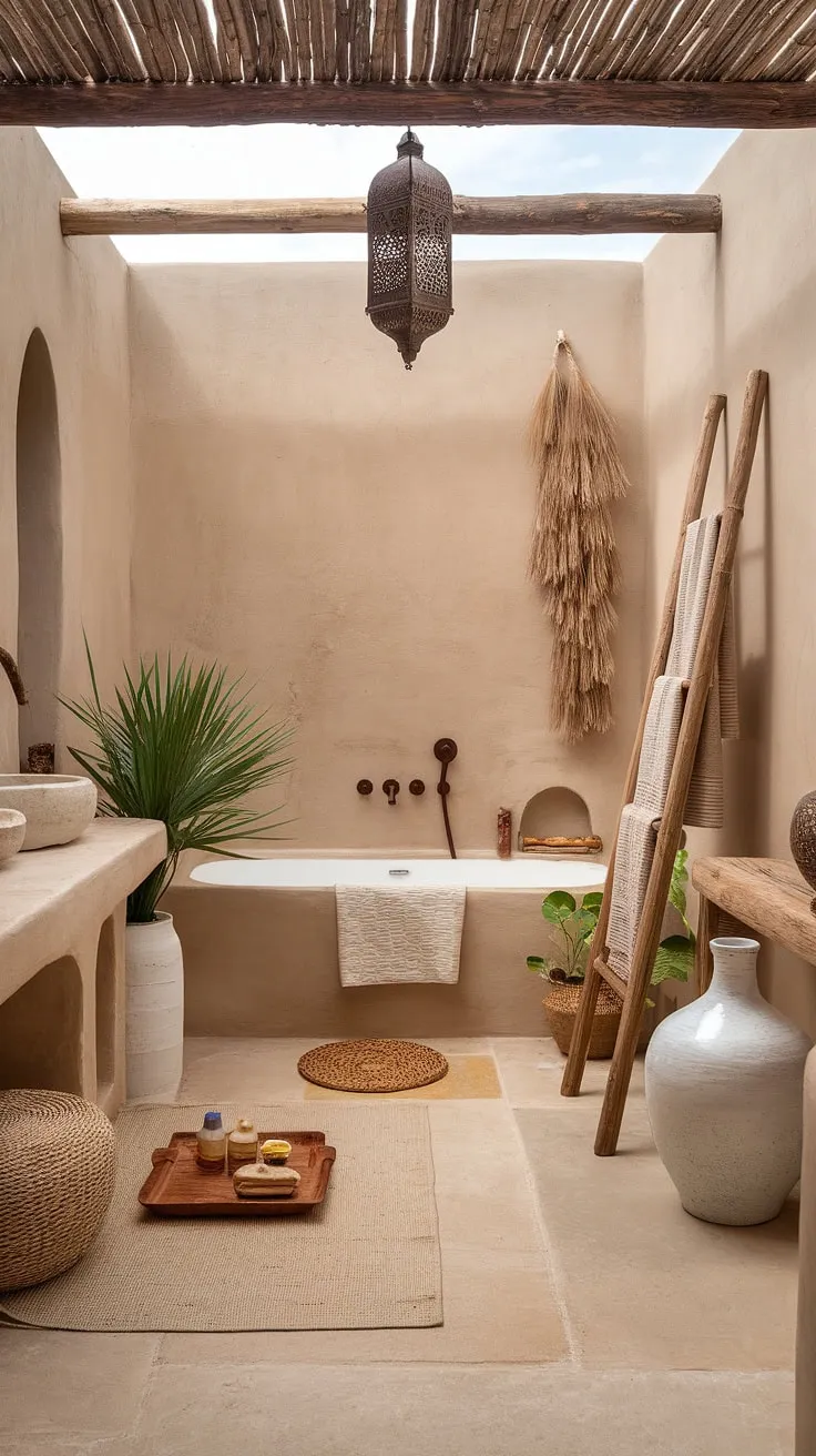 Transform your bathroom into a bohemian haven with this earthy bathroom design.  The eclectic mix of textures and Moroccan-inspired details creates a relaxed bathroom style perfect for unwinding. Explore these boho bathroom ideas and discover the beauty of natural bathroom decor in your own space.