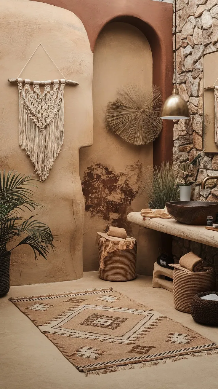 Escape to your own private oasis with this boho bathroom. Earthy tones and natural bathroom decor create a relaxed bathroom style, blending Moroccan influences with eclectic bathroom design for a truly bohemian bathroom experience.  Find more boho bathroom ideas to inspire your own tranquil retreat.