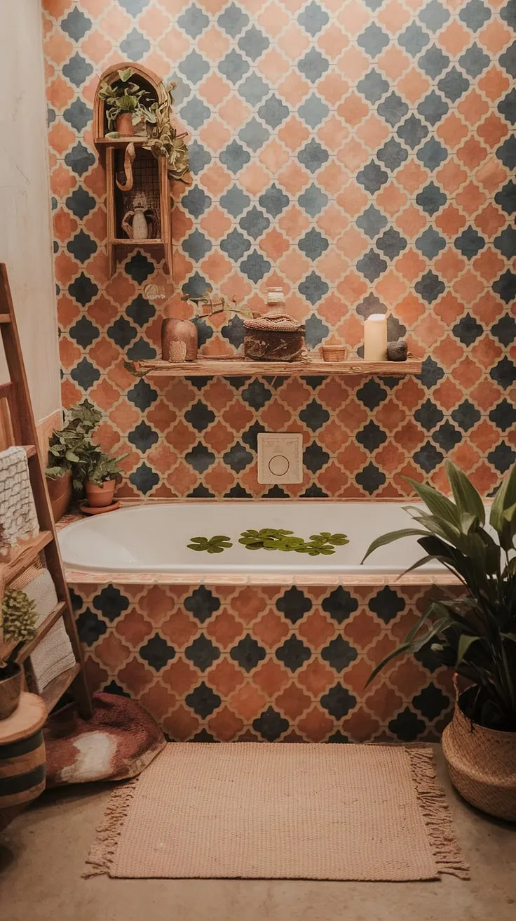 Transform your bathroom into a bohemian haven with this earthy bathroom design.  The relaxed bathroom style is achieved through a careful blend of Moroccan bathroom details and natural bathroom decor, creating an eclectic bathroom design that's perfect for unwinding. Explore more boho bathroom ideas for your own tranquil retreat.