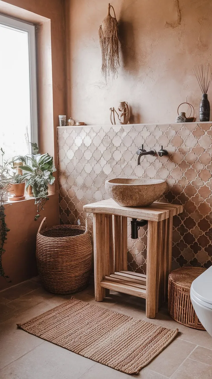 Indulge in the serene atmosphere of this bohemian bathroom.  The earthy bathroom palette, Moroccan-inspired accents, and eclectic bathroom design combine to create a relaxed bathroom style perfect for unwinding. Explore these boho bathroom ideas for your own natural bathroom decor inspiration.