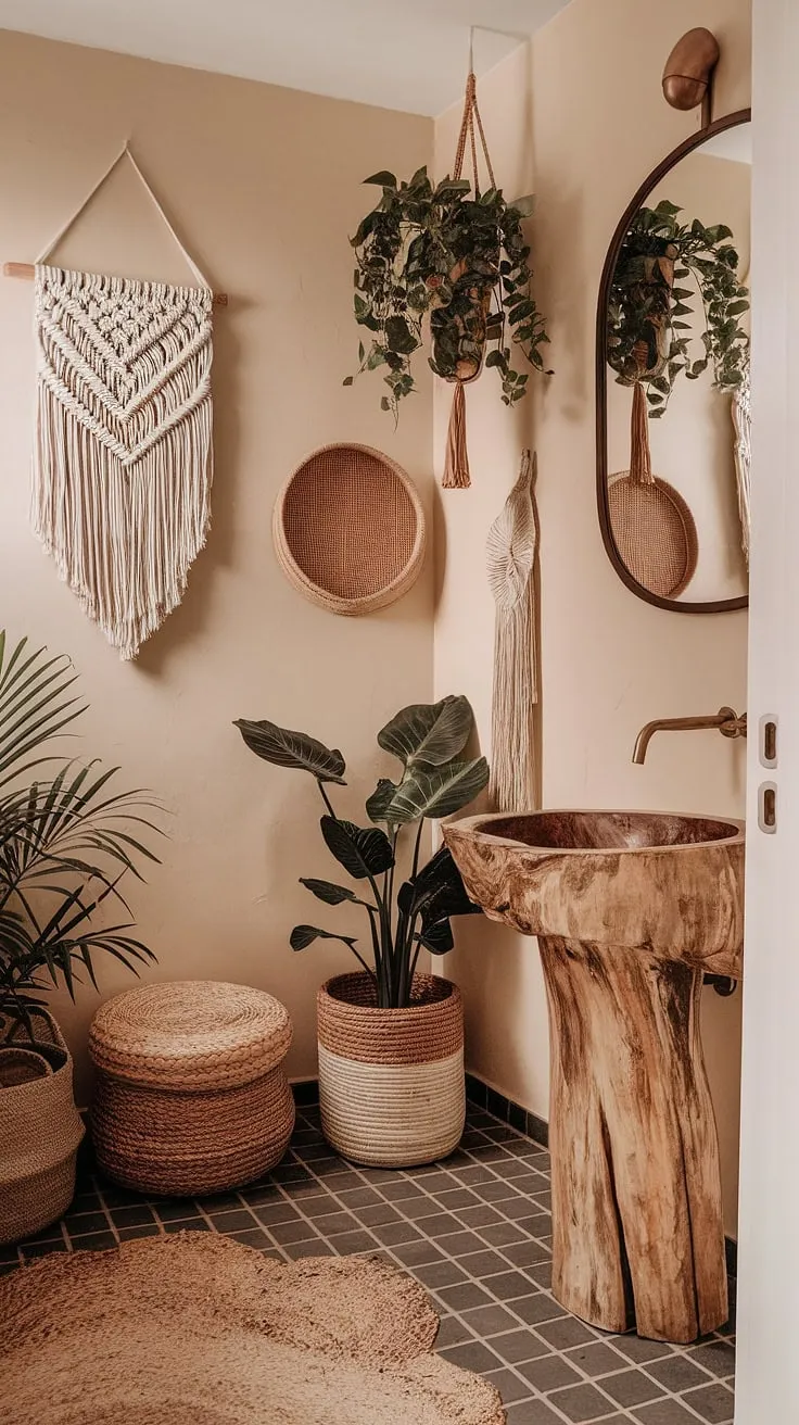 Escape to your own private oasis with this boho bathroom. Earthy tones and natural bathroom decor create a relaxed bathroom style, blending Moroccan influences with eclectic bathroom design for a truly bohemian bathroom experience.  Find inspiration for your own boho bathroom ideas here.