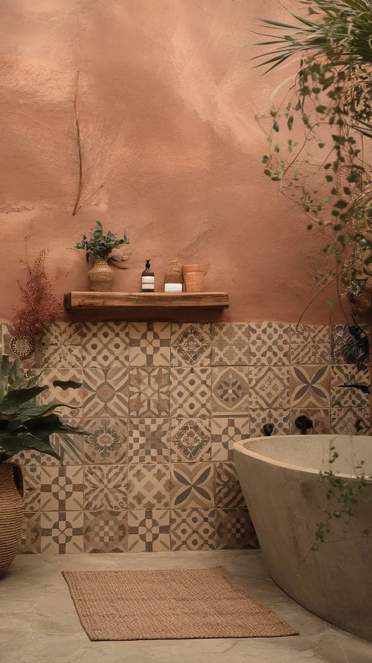 Escape to your own private oasis with this boho bathroom. Earthy tones and natural textures create a relaxed bathroom style, blending Moroccan influences with eclectic bathroom design for a truly bohemian bathroom.  Find inspiration for your own natural bathroom decor with these boho bathroom ideas.