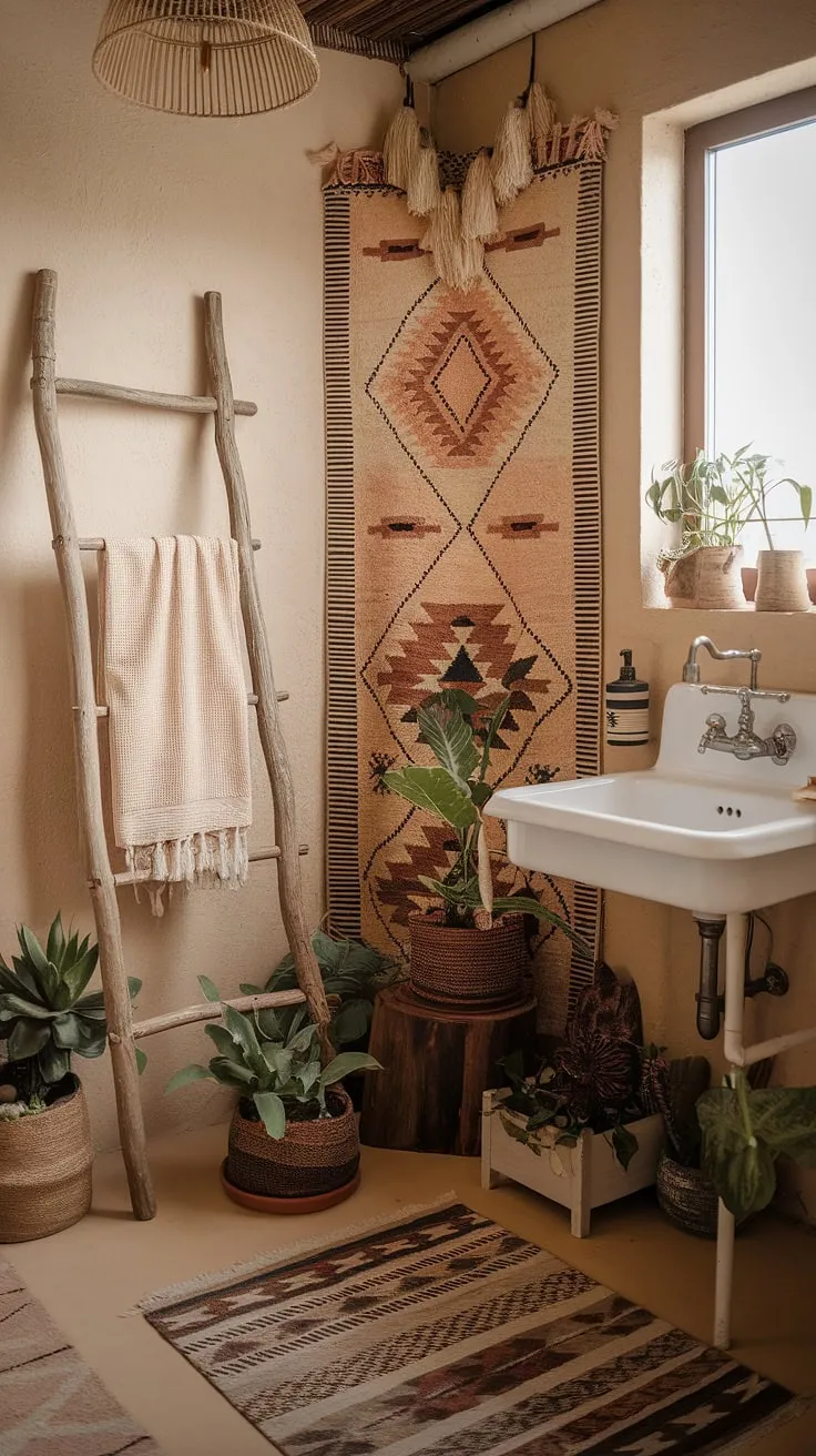 Find your inner peace in this bohemian bathroom.  The eclectic bathroom design blends Moroccan bathroom inspiration with a relaxed bathroom style, featuring natural bathroom decor and plenty of boho bathroom ideas for your own earthy bathroom oasis.