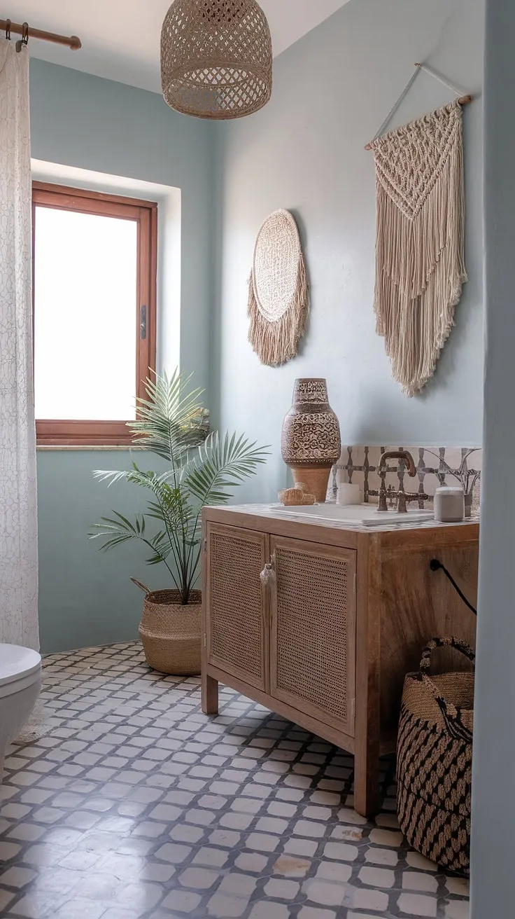 Find your inner peace in this dreamy bohemian bathroom.  The moroccan bathroom tile, soft blue walls, and woven accents combine for a natural bathroom decor that embodies a relaxed bathroom style. Explore more boho bathroom ideas with this eclectic bathroom design inspiration.