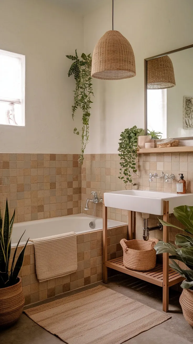 Indulge in the serene atmosphere of this bohemian bathroom.  The earthy bathroom palette, Moroccan-inspired accents, and eclectic bathroom design combine to create a relaxed bathroom style perfect for unwinding. Explore these boho bathroom ideas for your own natural bathroom decor inspiration.