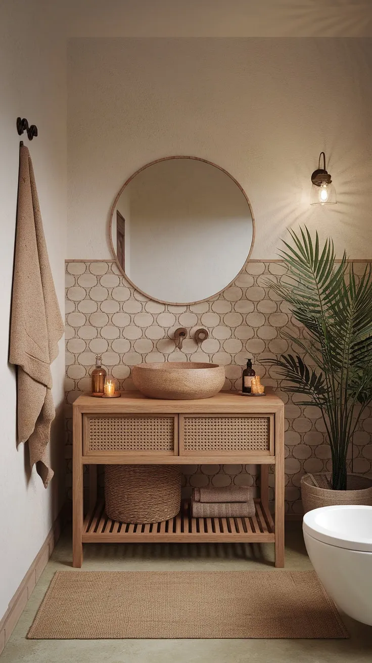 Transform your bathroom into a bohemian sanctuary with this earthy bathroom design.  The relaxed bathroom style effortlessly combines Moroccan bathroom elements and natural bathroom decor, offering a wealth of boho bathroom ideas for an eclectic bathroom design that's both stylish and serene.