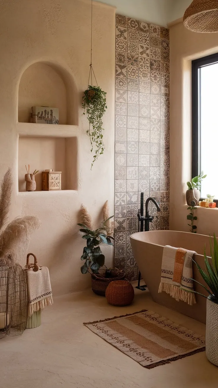 Indulge in the serene atmosphere of this bohemian bathroom.  The natural bathroom decor and earthy bathroom palette, infused with Moroccan touches, perfectly capture a relaxed bathroom style.  Explore eclectic bathroom design and find inspiration for your own boho bathroom ideas in this tranquil retreat.