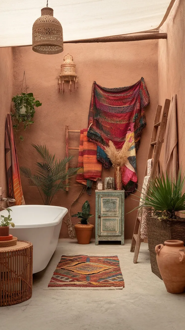 Indulge in the serene atmosphere of this bohemian bathroom.  The eclectic bathroom design effortlessly combines Moroccan bathroom inspiration with natural bathroom decor, resulting in a relaxed bathroom style that embodies earthy bathroom aesthetics. Find your perfect boho bathroom ideas here.