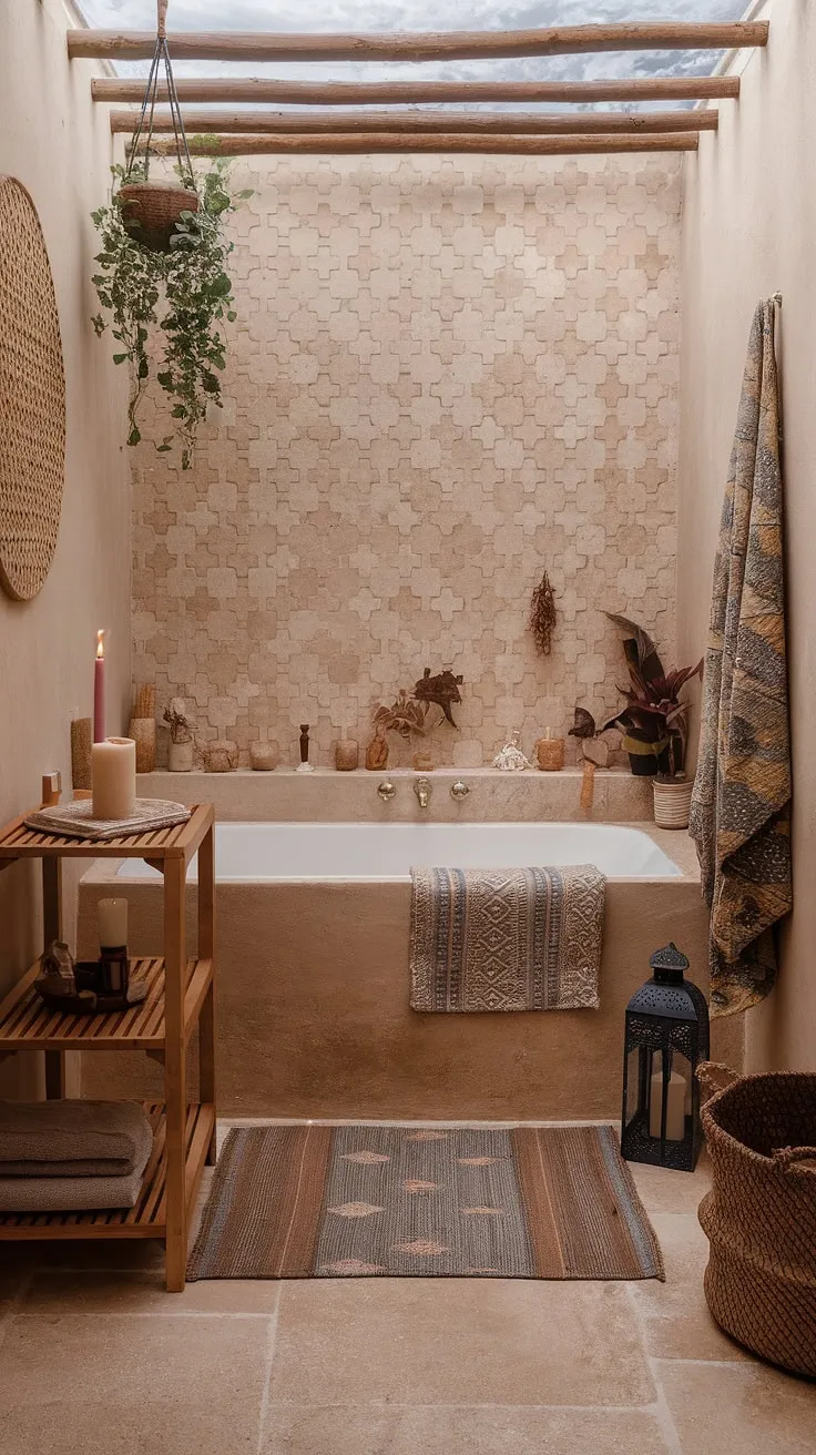 Indulge in the earthy bathroom aesthetic of this bohemian bathroom.  Moroccan tile adds a touch of exotic flair to this boho bathroom, while natural decor and eclectic bathroom design elements create a truly unique space.  Find inspiration for your own boho bathroom ideas with this relaxed bathroom style, complete with a deep soaking tub and calming ambiance.