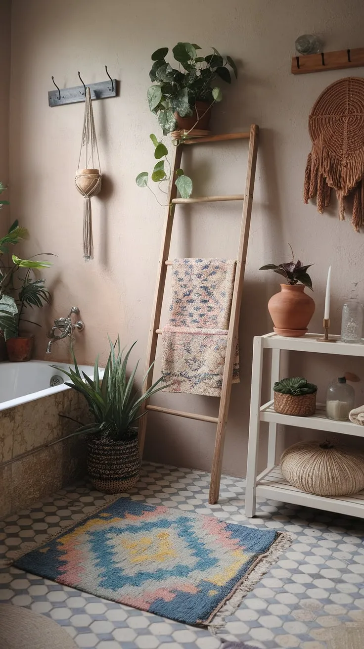 Indulge in the serene atmosphere of this bohemian bathroom.  The earthy bathroom palette, Moroccan-inspired accents, and eclectic bathroom design combine to create a relaxed bathroom style perfect for unwinding. Explore these boho bathroom ideas for your own natural bathroom decor inspiration.