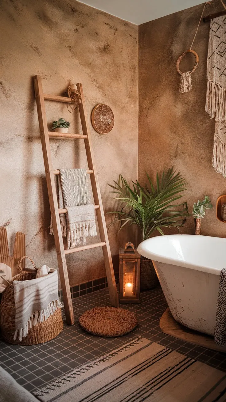 Transform your bathroom into a sanctuary of calm with this bohemian bathroom.  The relaxed bathroom style is achieved through a blend of earthy bathroom tones, Moroccan influences, and eclectic bathroom design elements.  Find inspiration for your own boho bathroom ideas with this stunning natural bathroom decor.